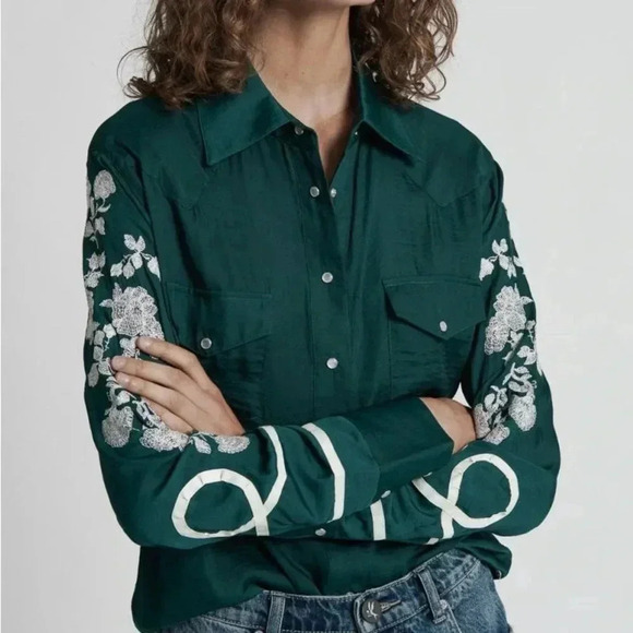 One Teaspoon San Cerena Shirt Green Button Down Embroidered Western Floral XS - Picture 3 of 13